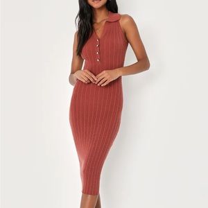 Lulus S Chic Musings Rust Brown Ribbed Knit Collared Midi Sweater Dress